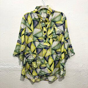 Cubism Los Angeles Art to Wear 3/4 sleeve Blouse Tunic Top Green Pockets M